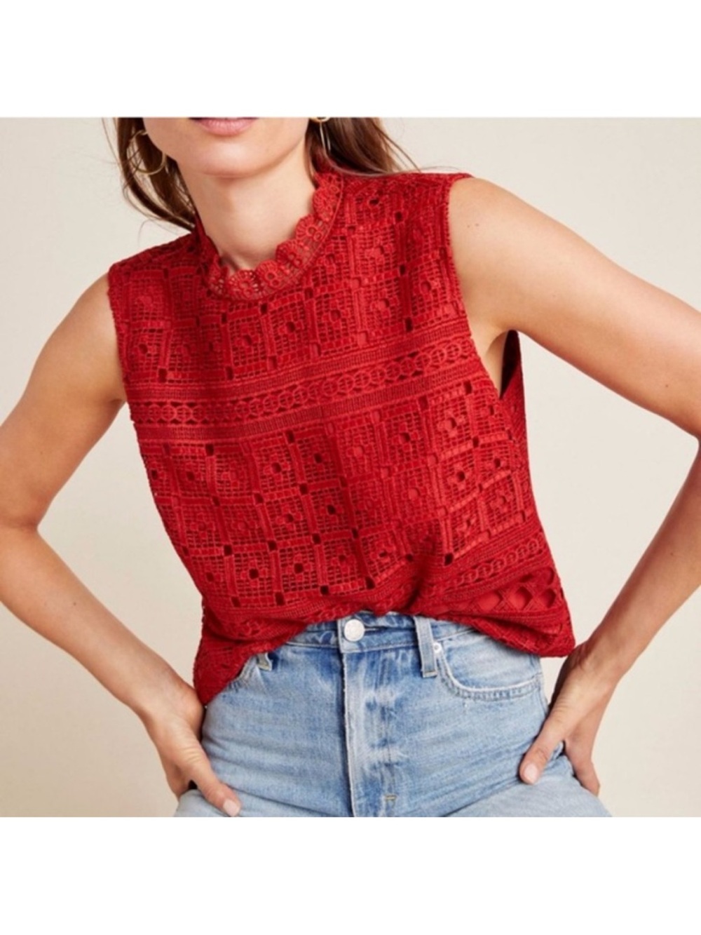 Crochet Mock Neck Sleeveless Top - Red